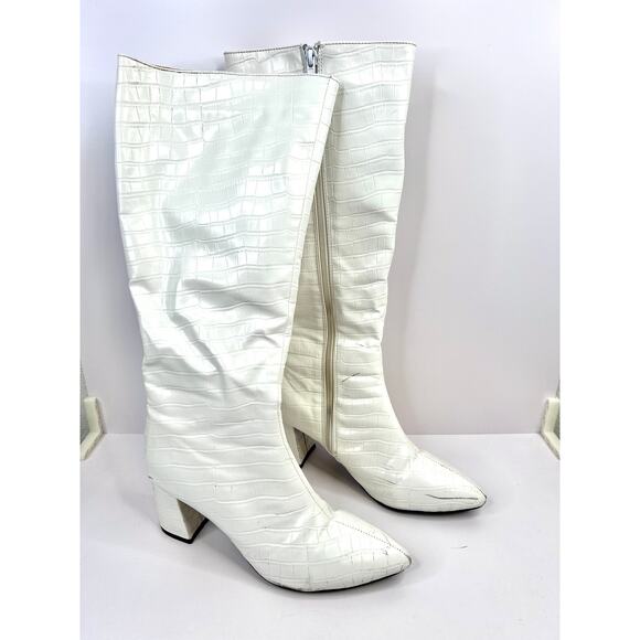 Shein Size 9 Elegant White Boots Crocodile Embossed Side Zipper Chunky 2.5 Heel - Picture 5 of 12